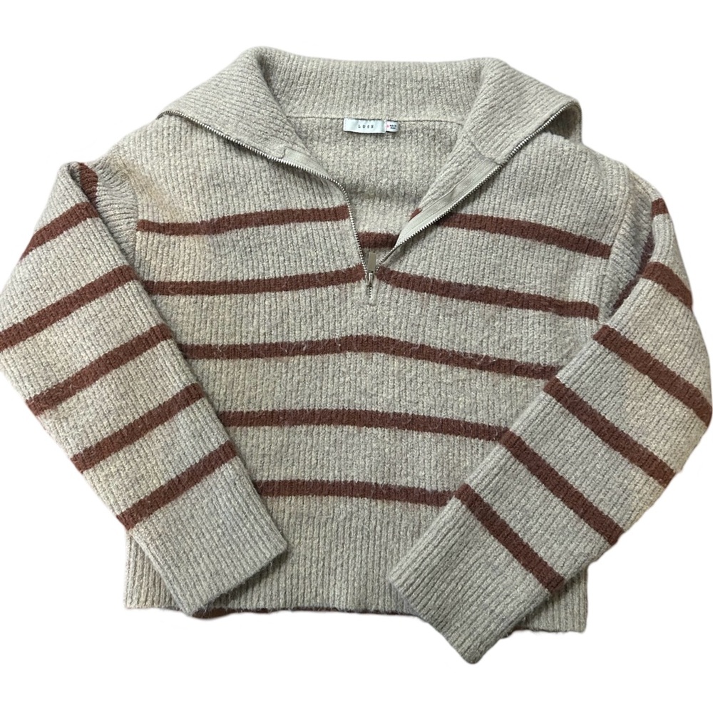 Lush Women’s Quarter Zip Tan & Brown Stripe Vintage Inspired Sweater